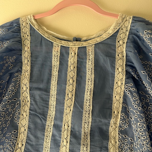 Anthropologie Light Blue Eyelet Lace-Trim Flutter Sleeve Top - Picture 6 of 16